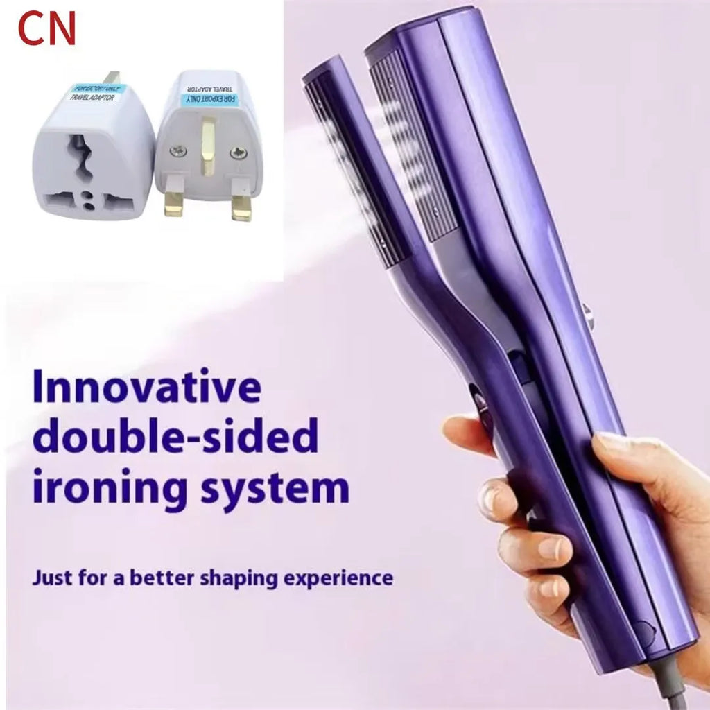 Handheld garment steamer with plastic body showing hanging and flat ironing modes