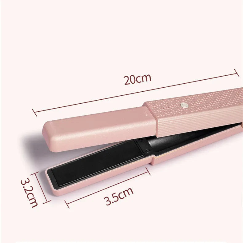 Pink and green cordless USB hair straightener and curler with ceramic plates, shown with USB cable.