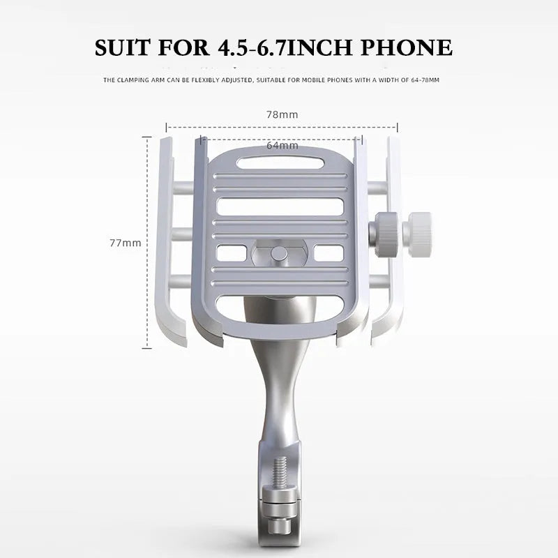 Aluminum alloy motorcycle phone holder with double adjustment on handlebar mount