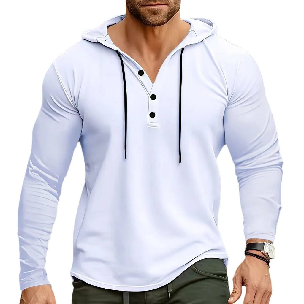 Men's sports hooded long sleeve top in thin polyester fibre, shown in one of 10 colours and sizes S to XXXL