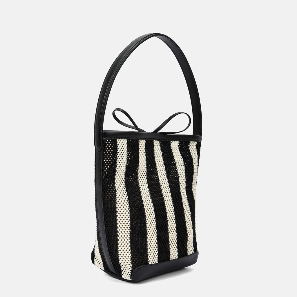 Black and white striped woven fabric women's bucket shoulder bag.