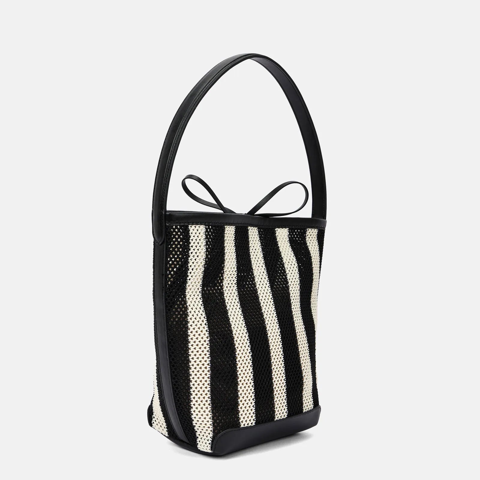 Black and white striped woven fabric women's bucket shoulder bag.