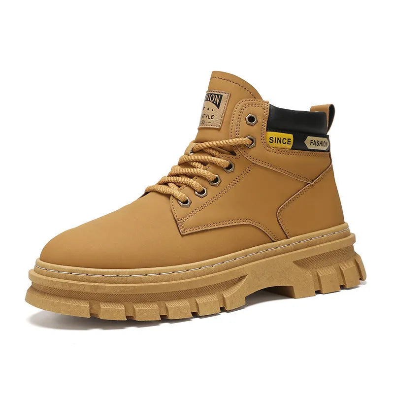 Men's brown artificial PU leather Martin boots with front laces, round toe, and mid-calf height on a rubber sole.
