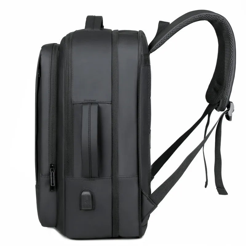 Black waterproof Oxford cloth business backpack with curved shoulder straps and derm leather detailing
