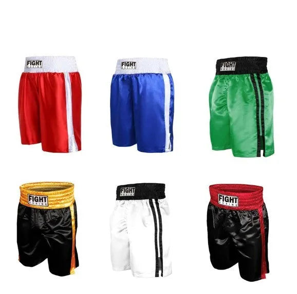 Boxing shorts with elastic waistband and side stripes in various colour combinations for kick boxing training