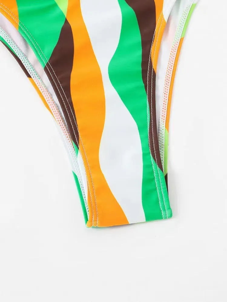 Women's printed bikini three-piece set with cover-up skirt in yellow green, magenta, or purple colours