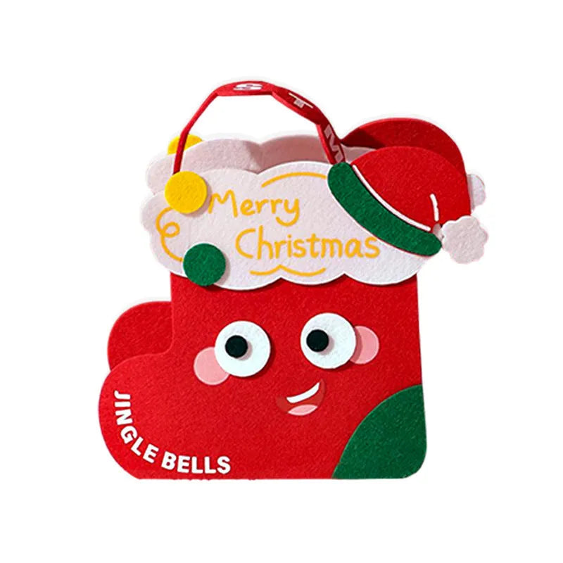 Green felt gift bag with cartoon Christmas design on a white background