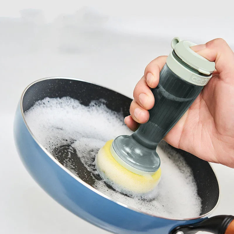 Pot and dish brush with integrated soap dispenser and replaceable brush head in mint green