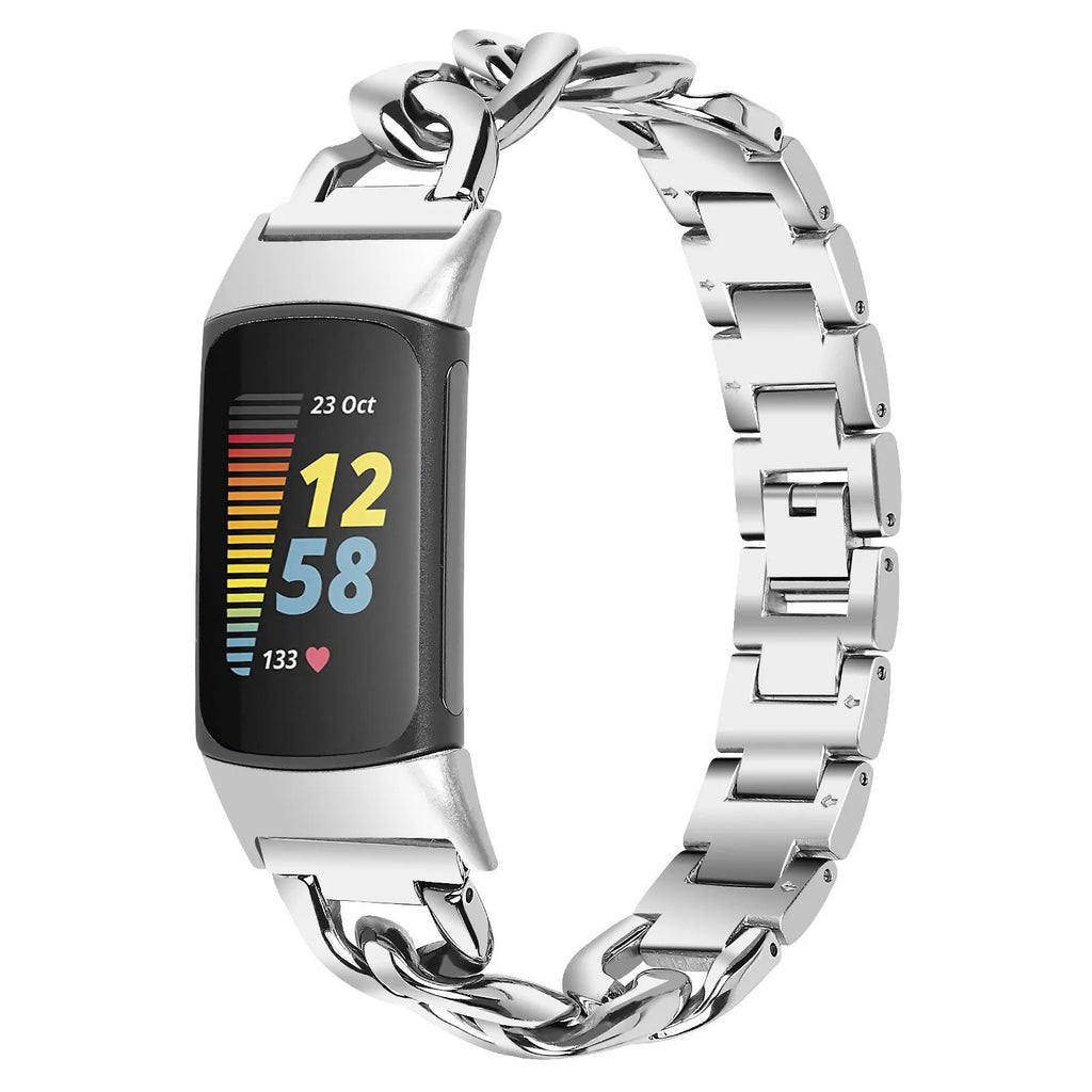 Metal replacement strap for Fitbit Charge 6 smart watch with snap button closure in silver finish