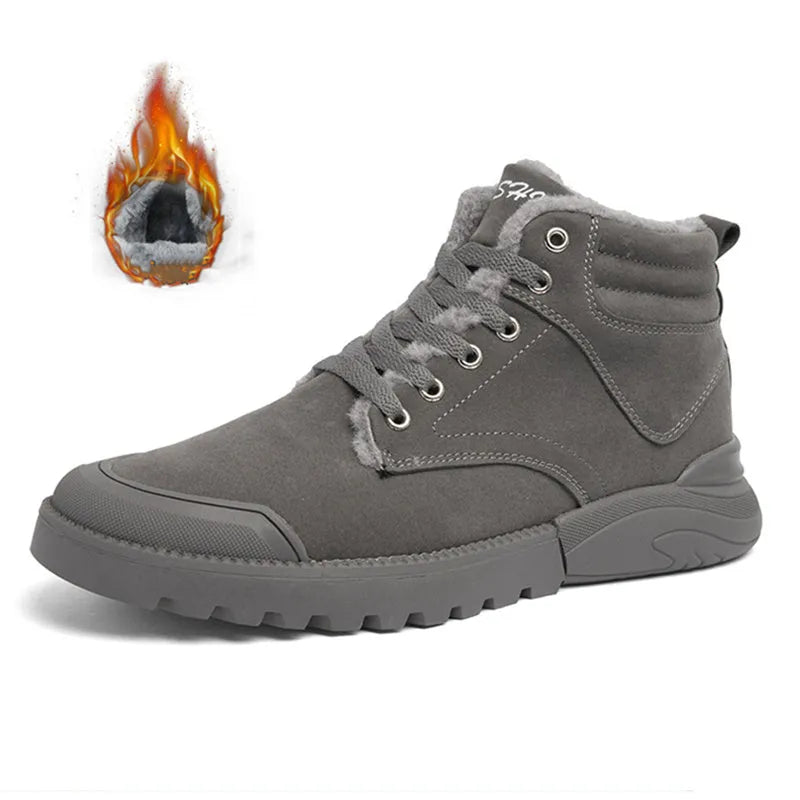 Men's winter ankle boots in matte suede with plush lining, rubber sole, and front tie closure
