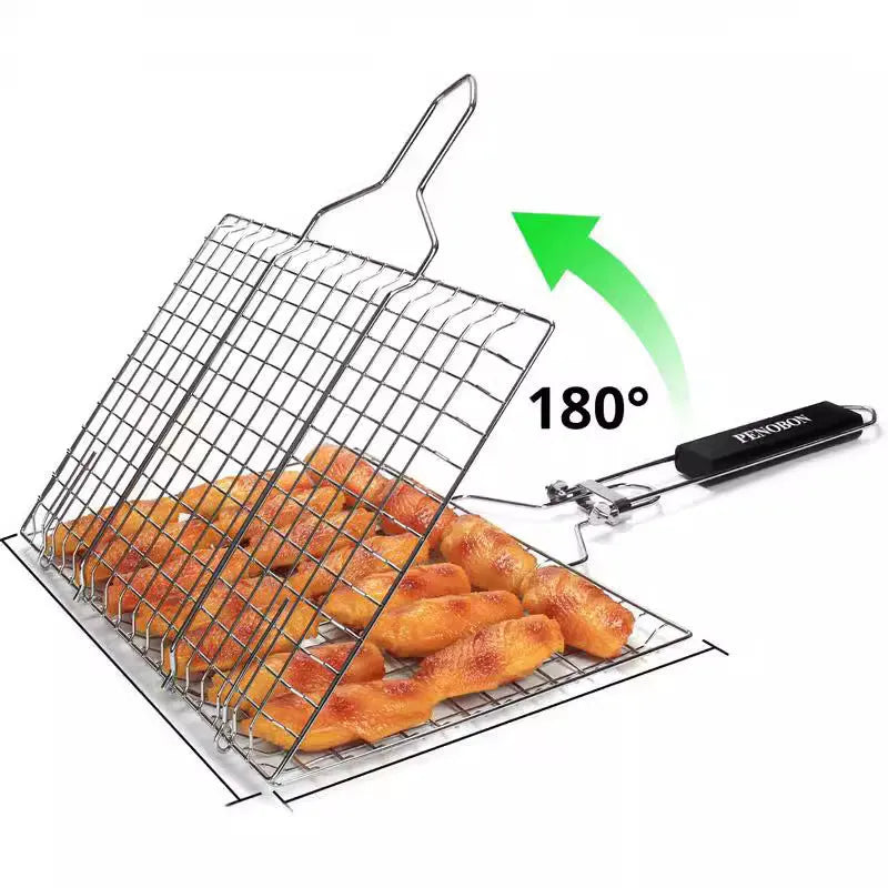Square stainless steel folding barbecue grill mesh basket with a cleaning brush.