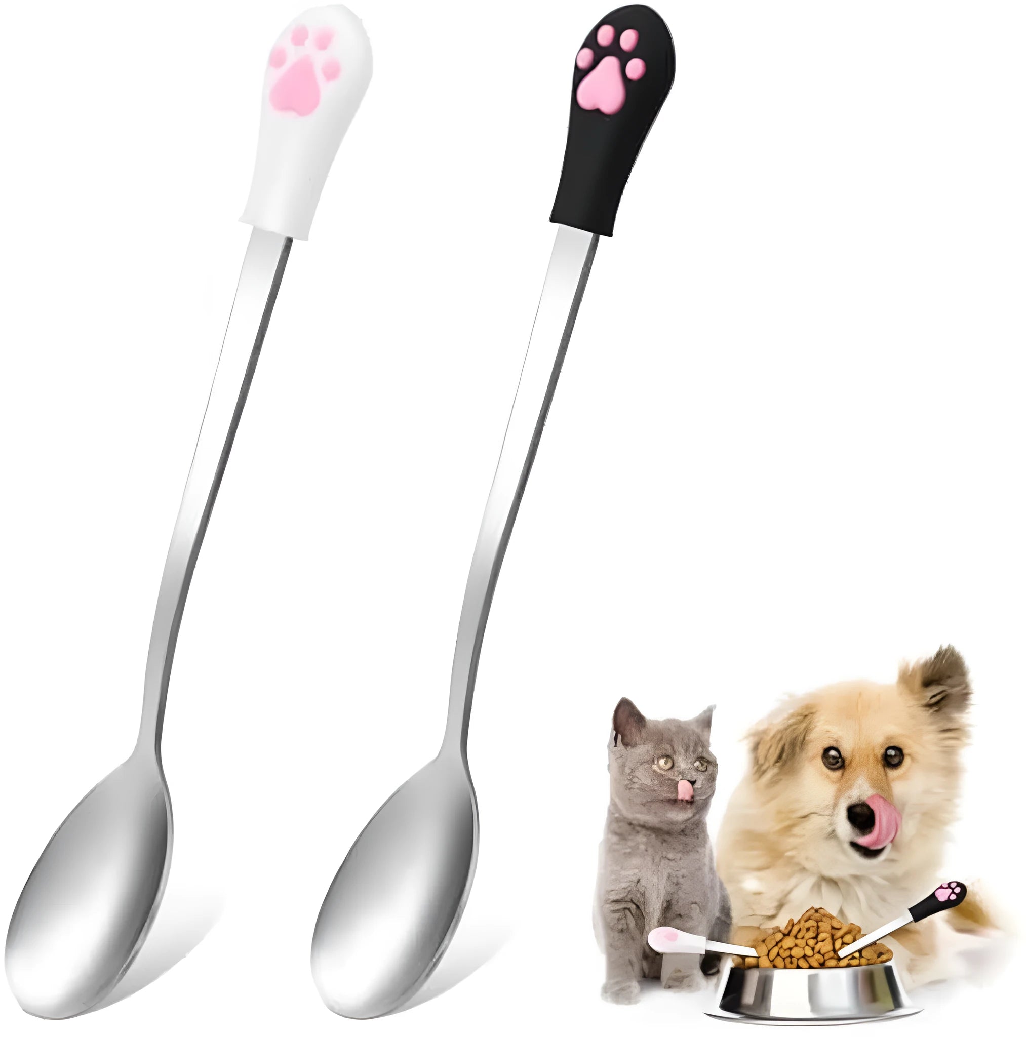 White and black pet food spoons with cat paw prints and silicone grips