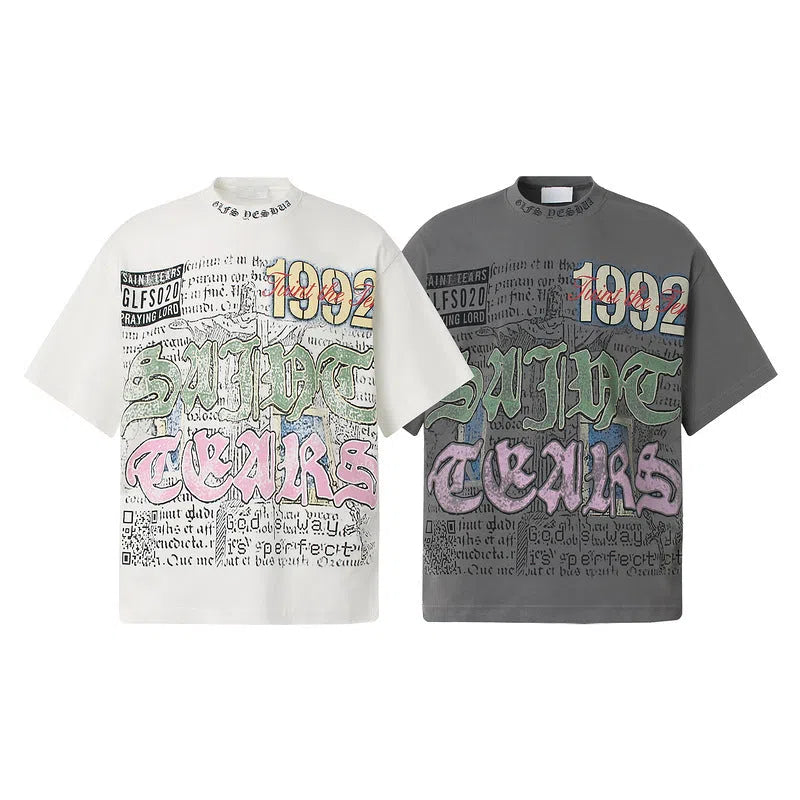 American retro national trend hip hop graffiti pure cotton short sleeve t-shirt in grey, front view