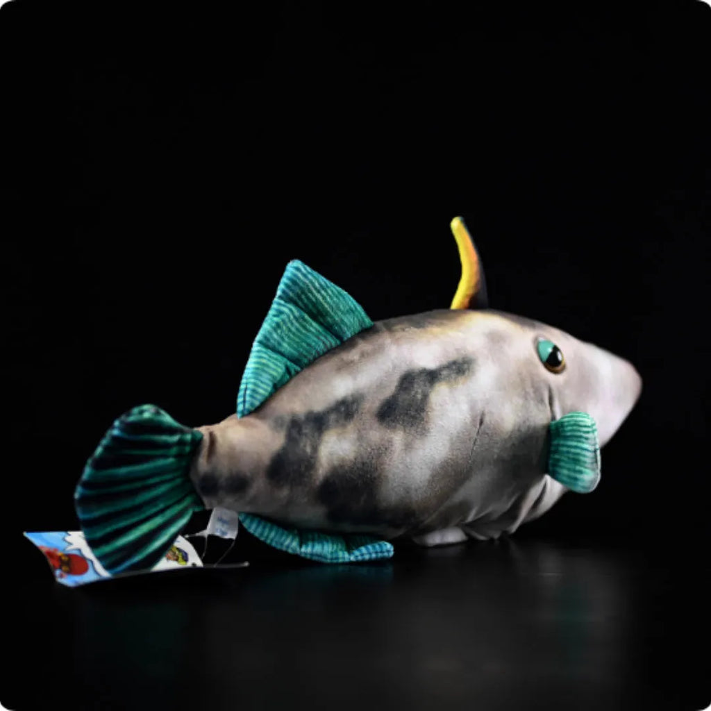 Simulation green fin pufferfish plush toy 42cm flannel stuffed animal on white background