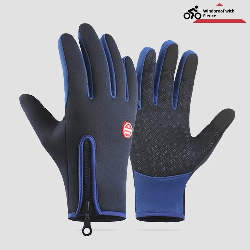 Outdoor cycling skiing mountaineering gloves with upgraded extended three-finger touchscreen in polyester, blue colour, size M