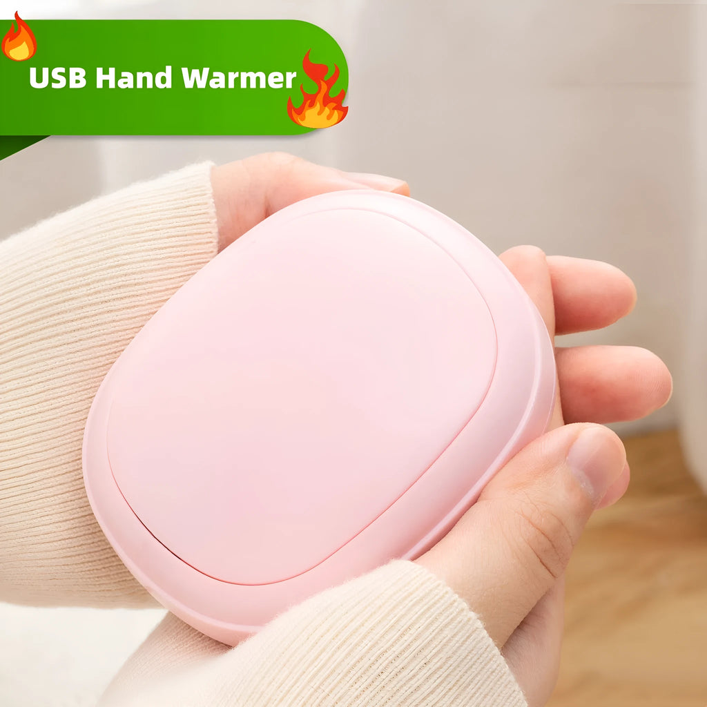 USB hand warmer in pink with three-gear temperature control and compact pebble design