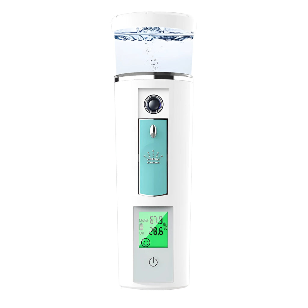 White rechargeable portable facial spray moisturizer with USB charging, 15cm tall