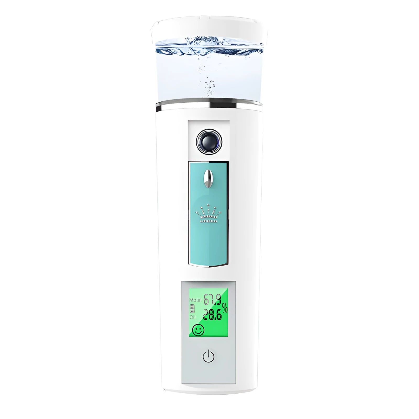 White rechargeable portable facial spray moisturizer with USB charging, 15cm tall
