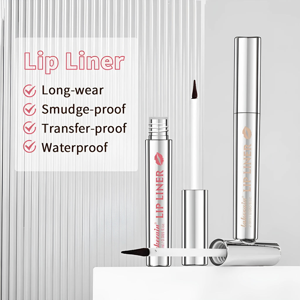 Matte finish pointed toe lip liner pencil with tear and pull design shown in rose pink colour