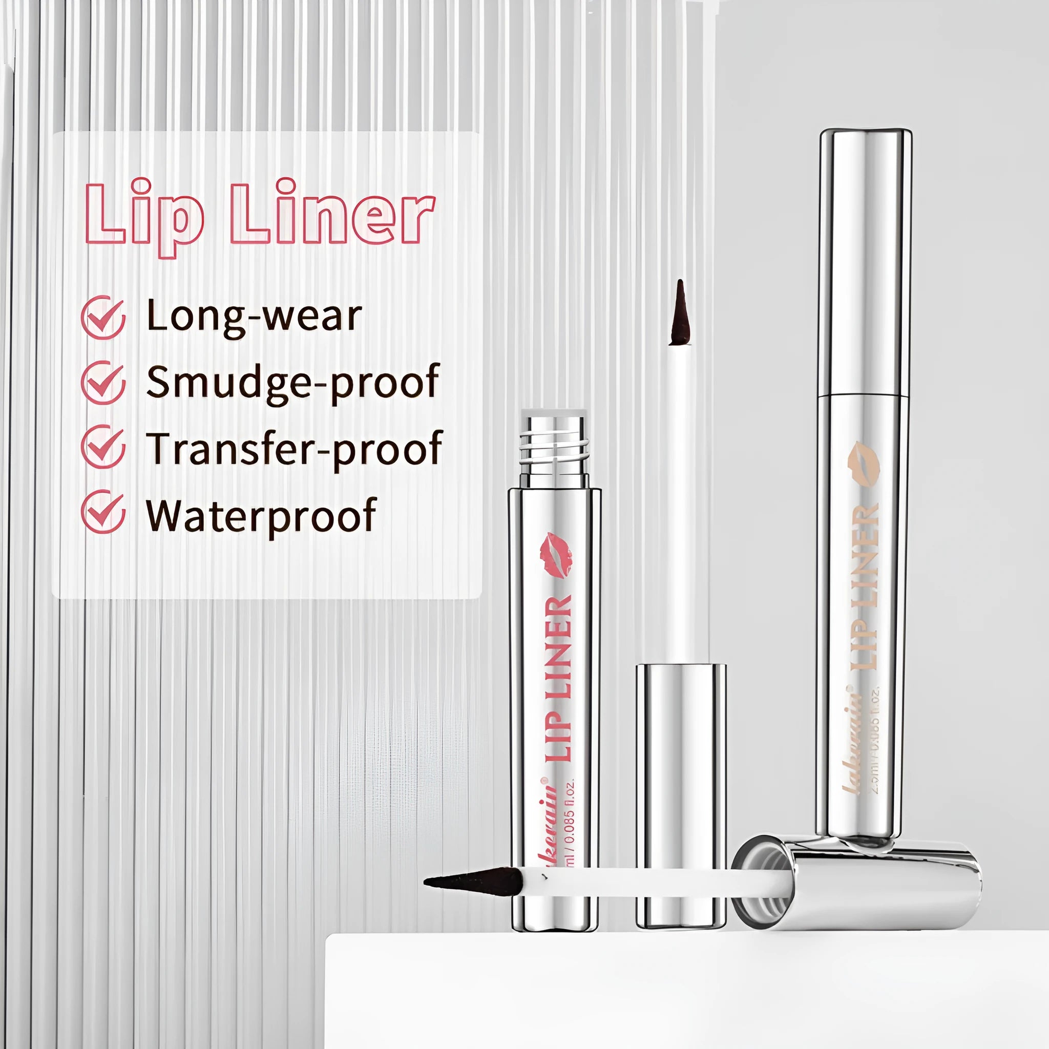 Matte finish pointed toe lip liner pencil with tear and pull design shown in rose pink colour
