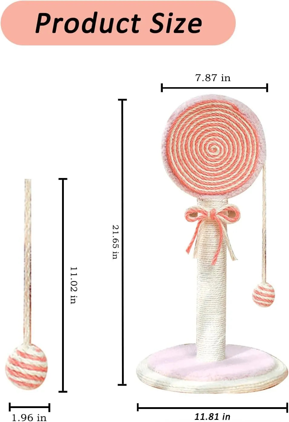 Blue cat scratching post with natural sisal rope and a dangling yellow ball on a sturdy wooden base