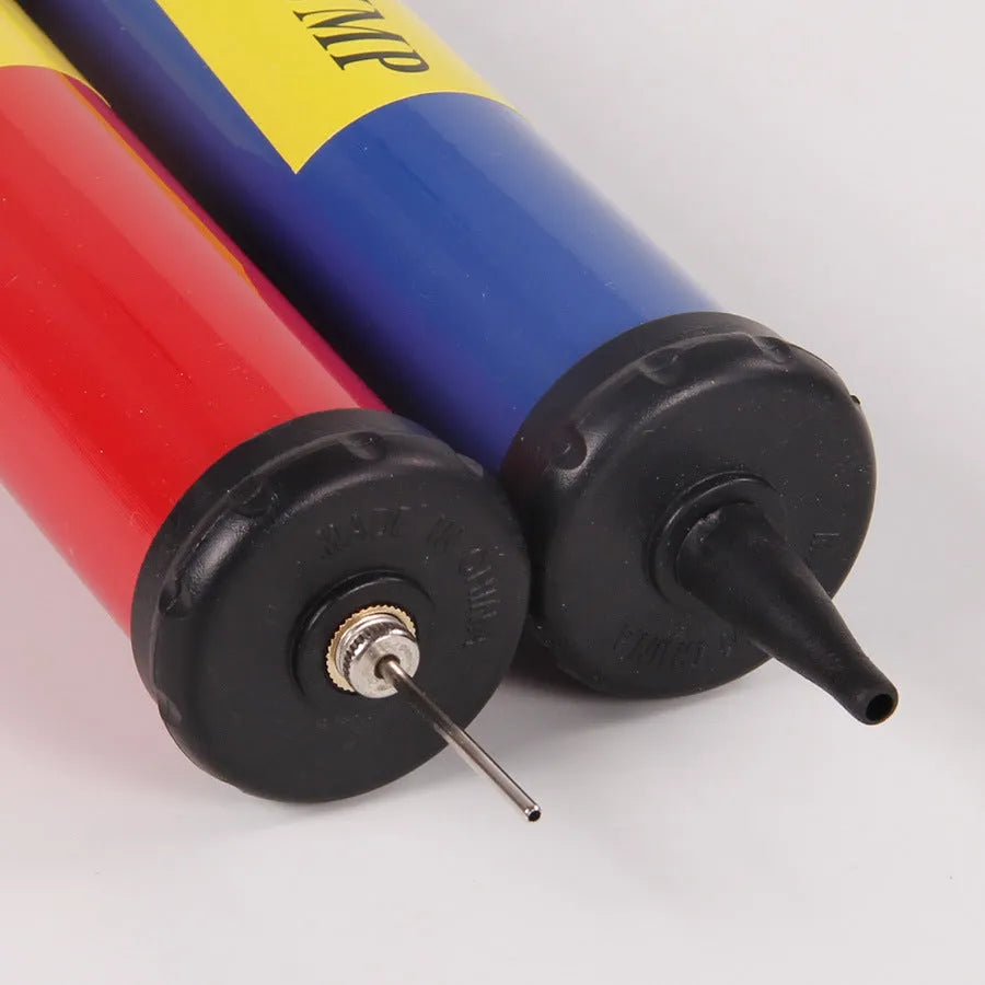 Mixed colour plastic manual hand pump for inflating sports balls and balloons.