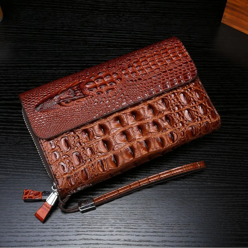 Men's hand carrying double-layer mobile phone bag in PU solid black colour, simple style, front view