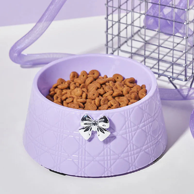 Diamond pattern pet feeding bowl with bowknot design in multiple colour options