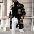 Check pattern men's woolen coat with lapel collar and polyester lining in blue, shown on model for winter wear