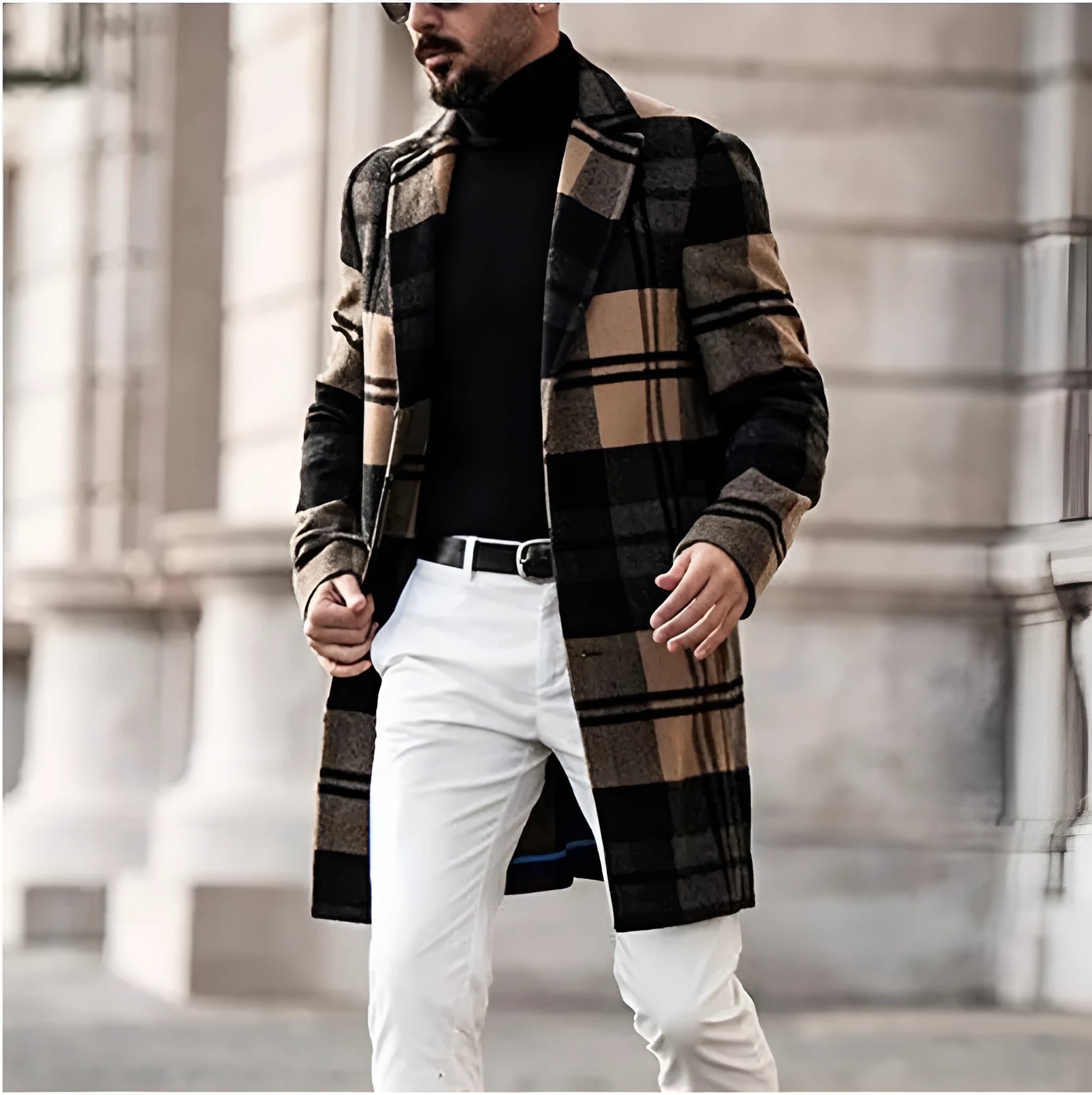Check pattern men's woolen coat with lapel collar and polyester lining in blue, shown on model for winter wear