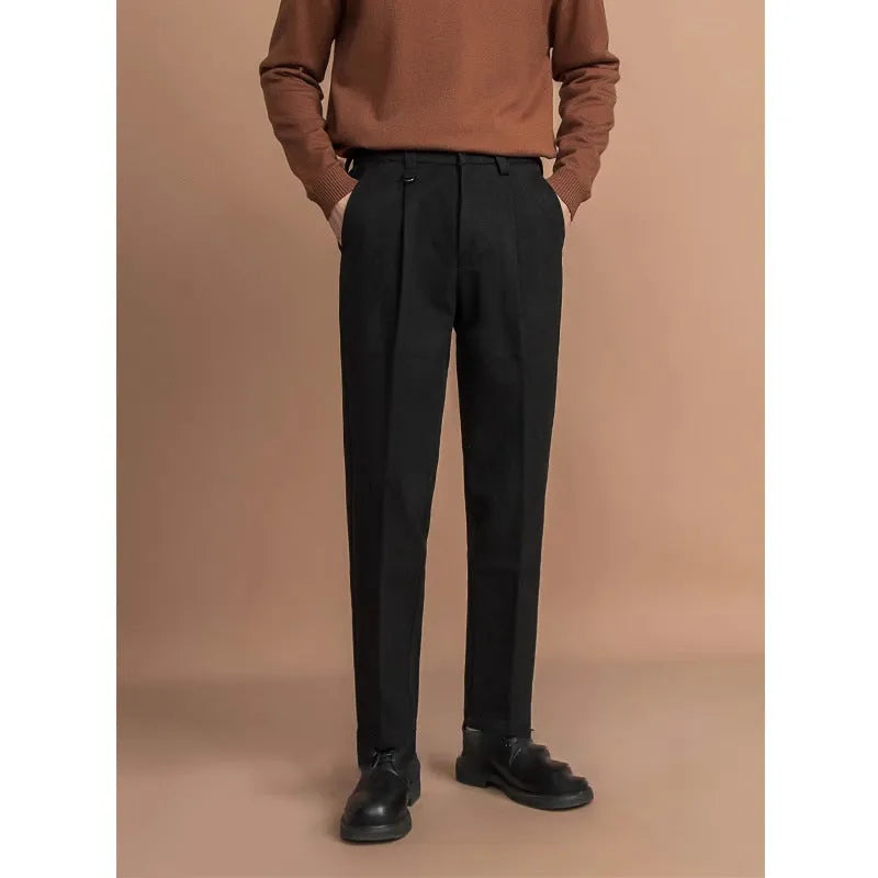 Men's straight-leg casual trousers in black with a draped design detail on the leg.