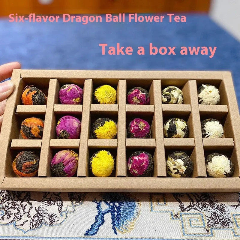 Six flavour flower tea gift box with 18 tablets featuring jasmine, lily, peony, yellow chrysanthemum, rose, and chrysanthemum