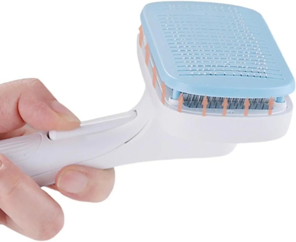 Automatic pet hair removal comb for dogs and cats showing colour options and compact size