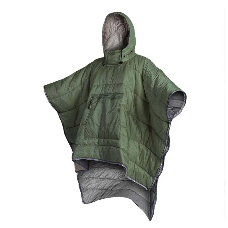 Army Green outdoor cloak sleeping bag worn as cape with 200x140cm dimensions and hollow cotton insulation