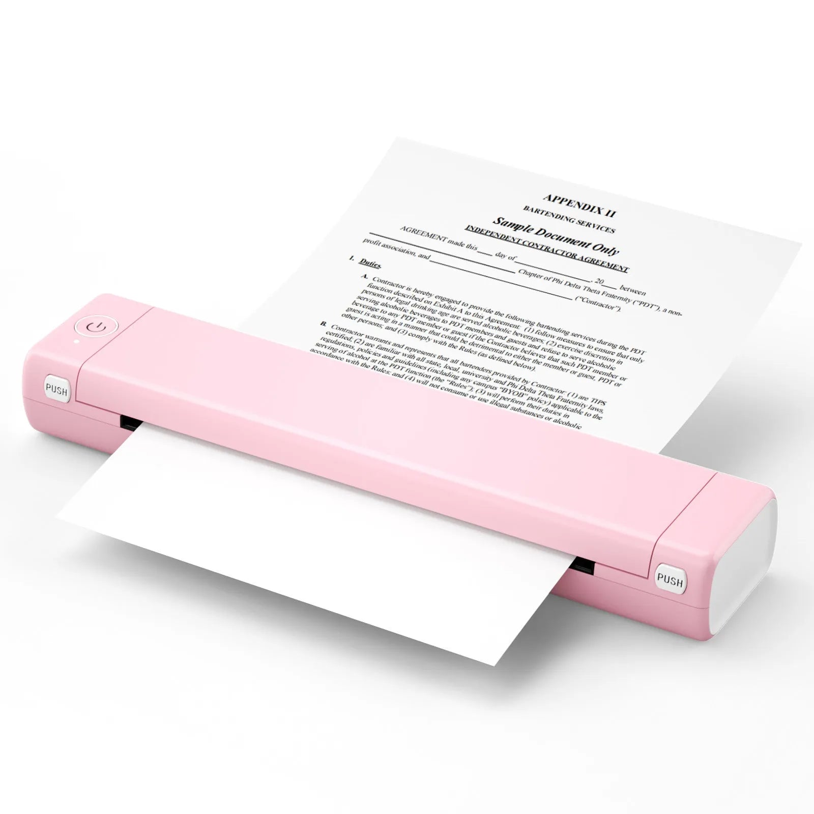 Phomemo M08F white portable A4 thermal printer on a desk next to a mobile phone.