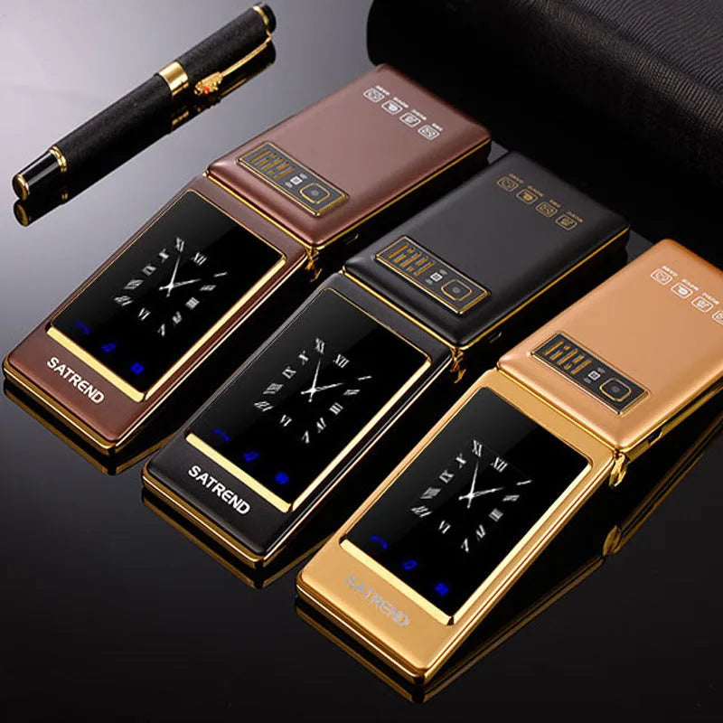 Dual screen flip mobile phone in black colour showing both internal touch screen and external display