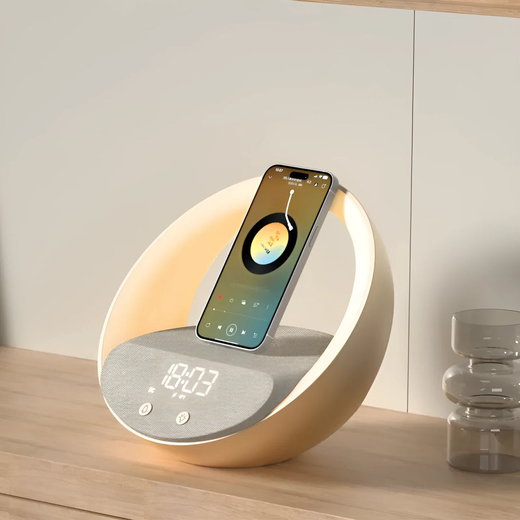 Beige multifunctional bedside unit with wireless charging pad, Bluetooth speaker, and LED light on a wooden table.