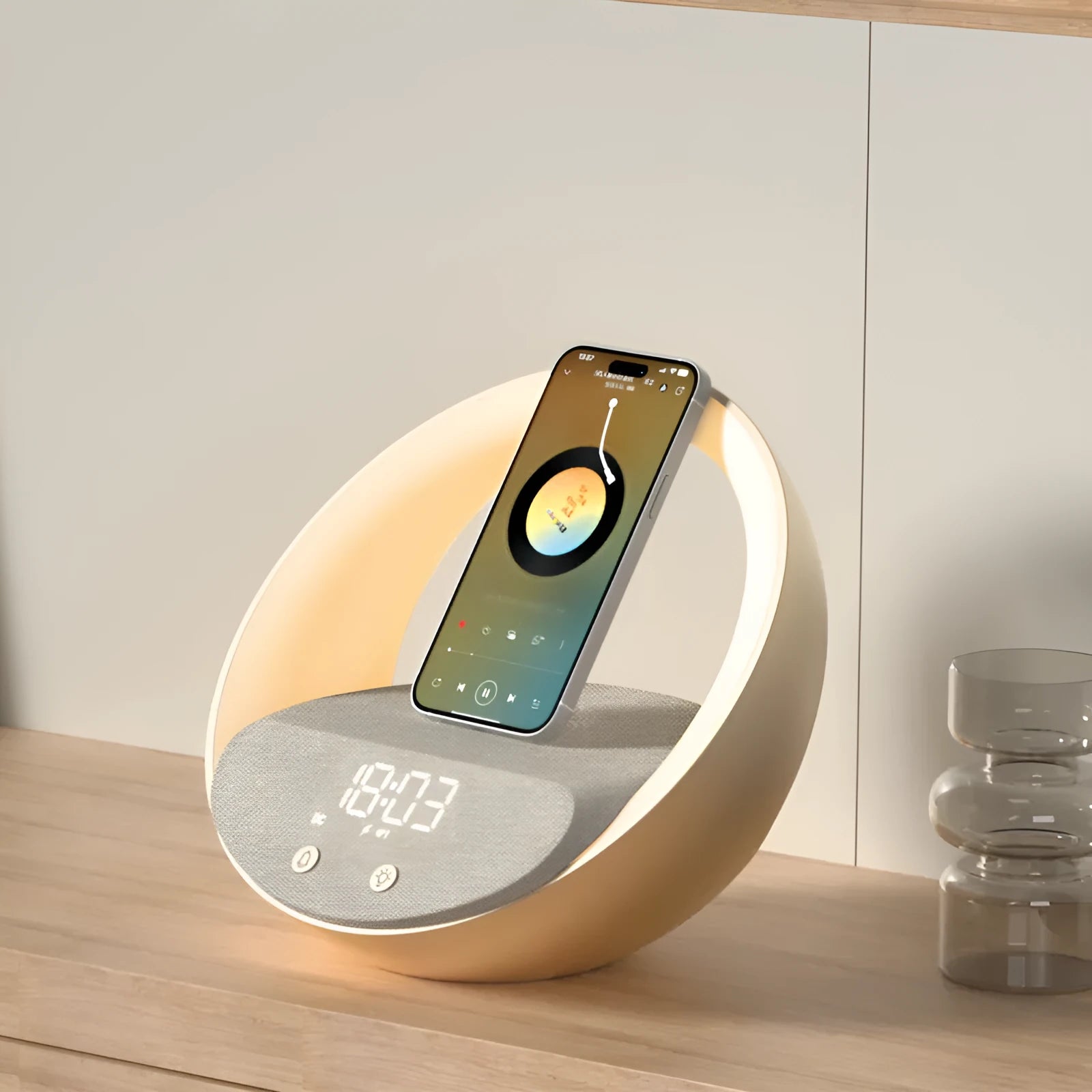 Beige multifunctional bedside unit with wireless charging pad, Bluetooth speaker, and LED light on a wooden table.