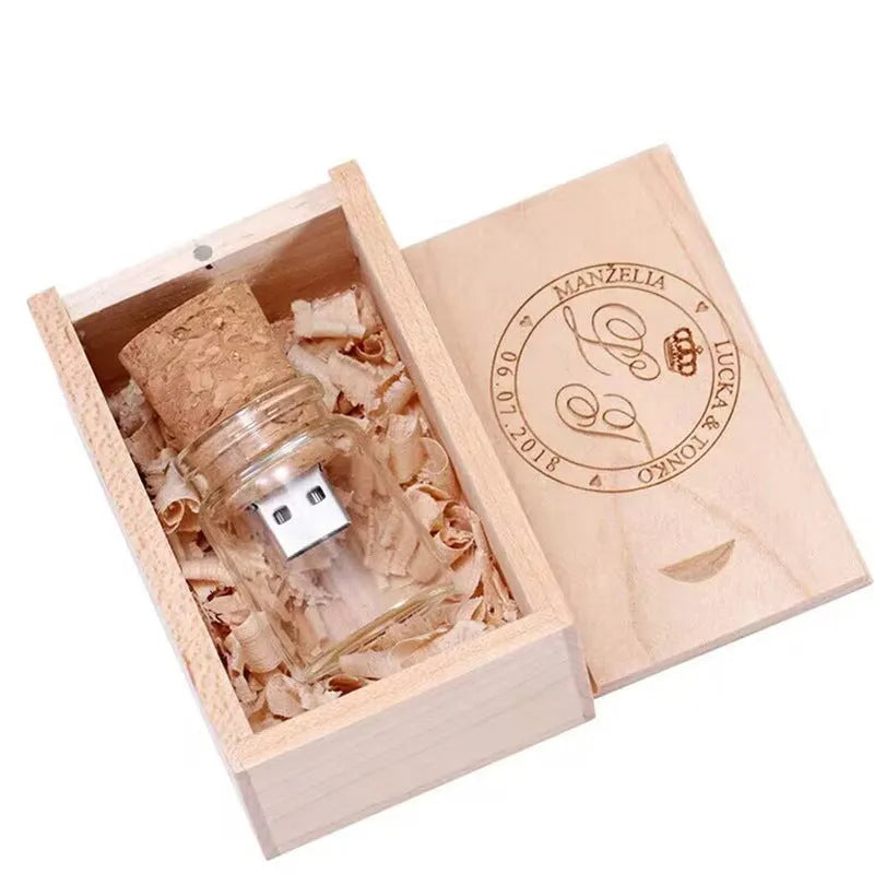 Transparent wooden drift bottle USB flash drive on a white background.
