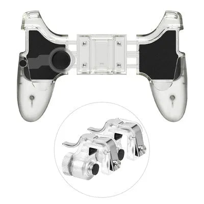 A black mobile phone plug-in gamepad handle attached to a smartphone.