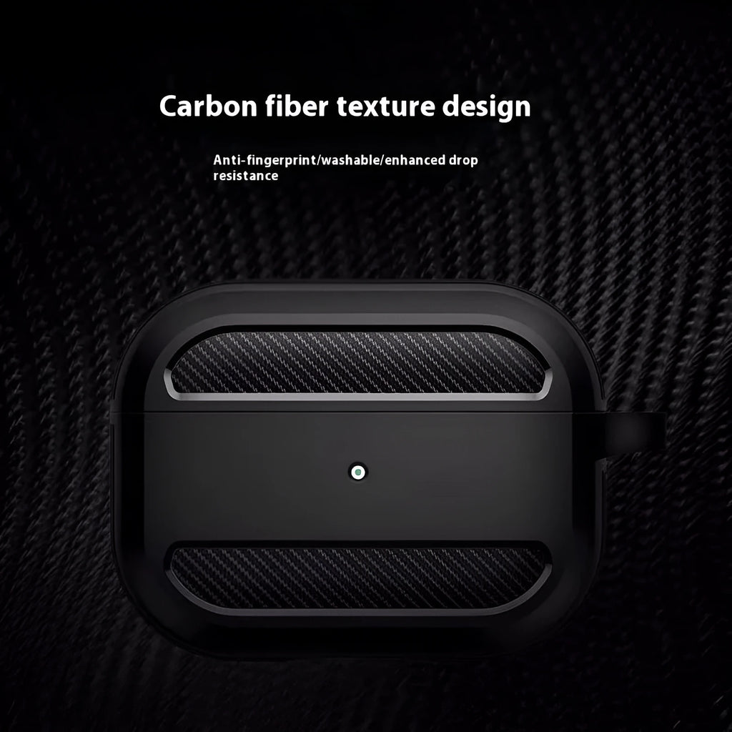 Carbon fibre pattern TPU protective case for AirPods Pro shown in black clamshell style
