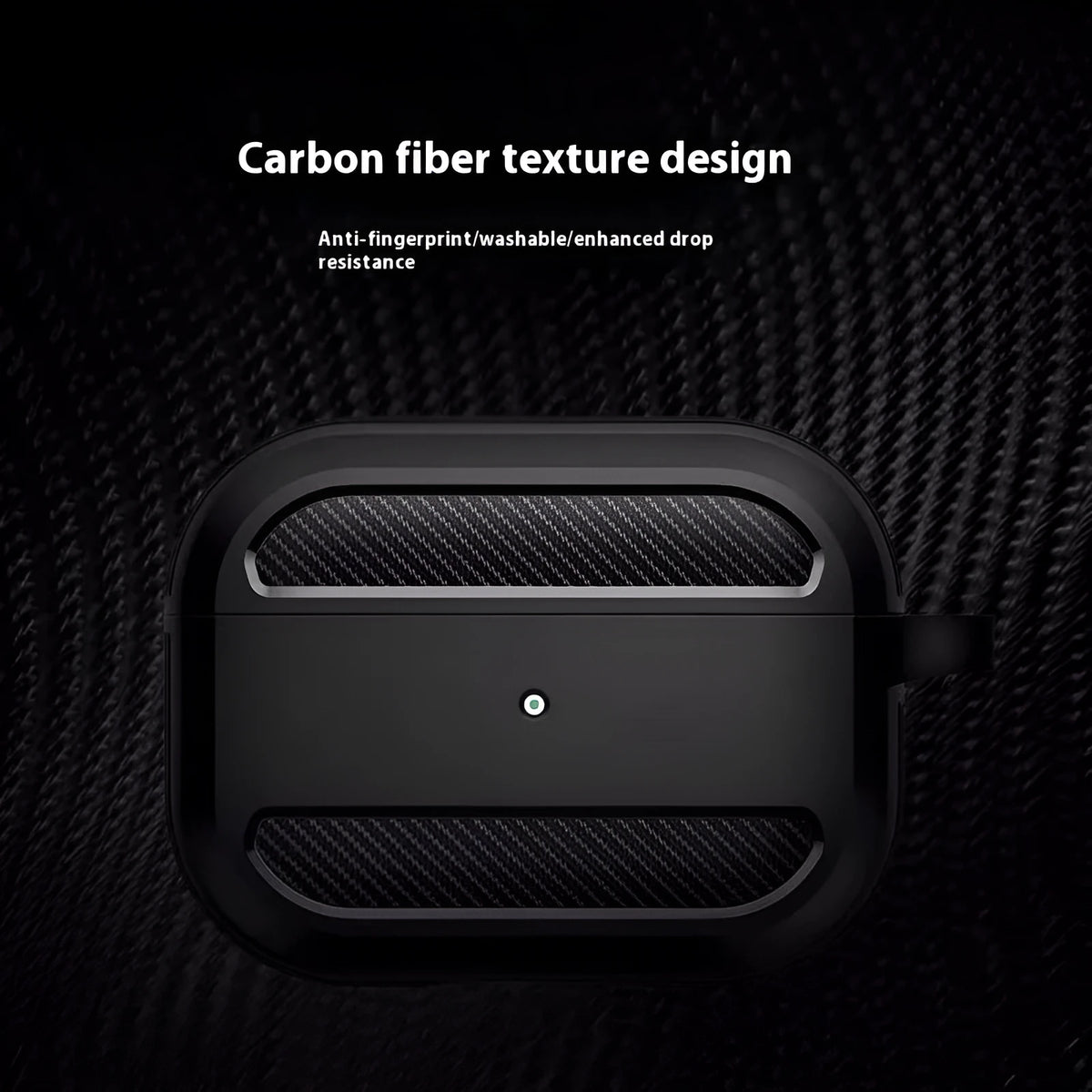 Carbon fibre pattern TPU protective case for AirPods Pro shown in black clamshell style