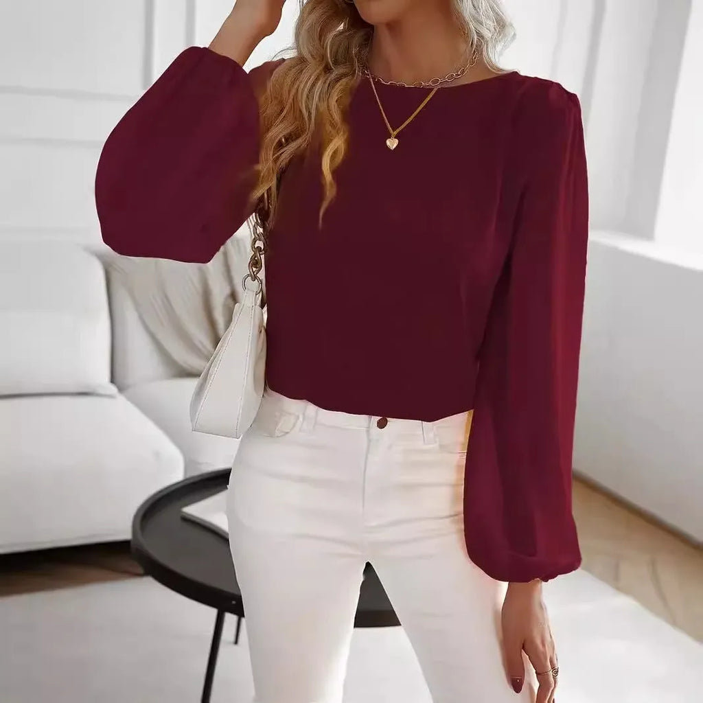 Solid colour women's round neck long sleeve top in wine red with button detail