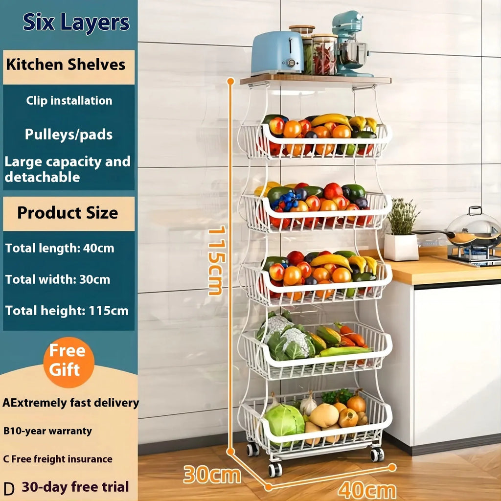 Black six layer foldable kitchen storage rack on wheels