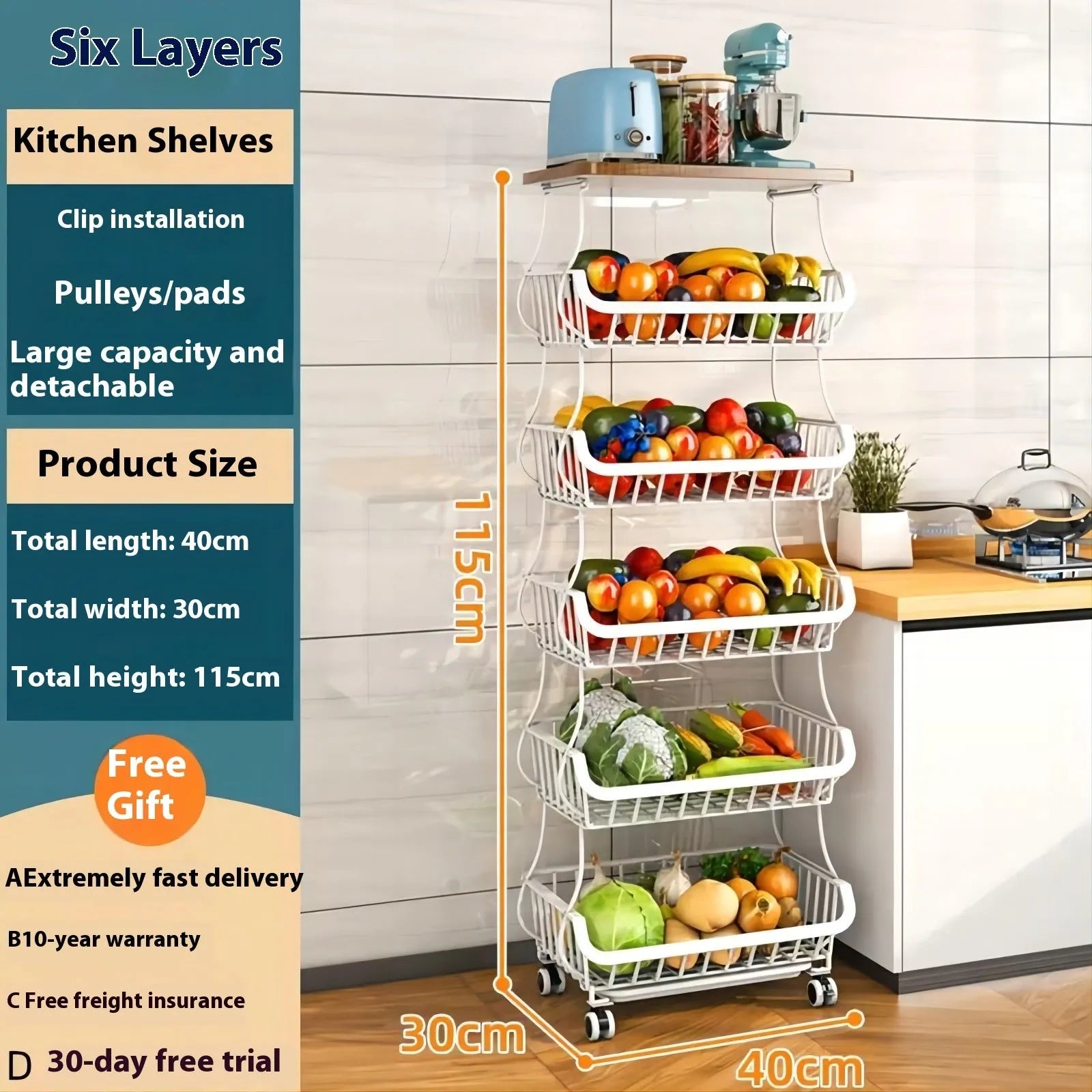 Black six layer foldable kitchen storage rack on wheels