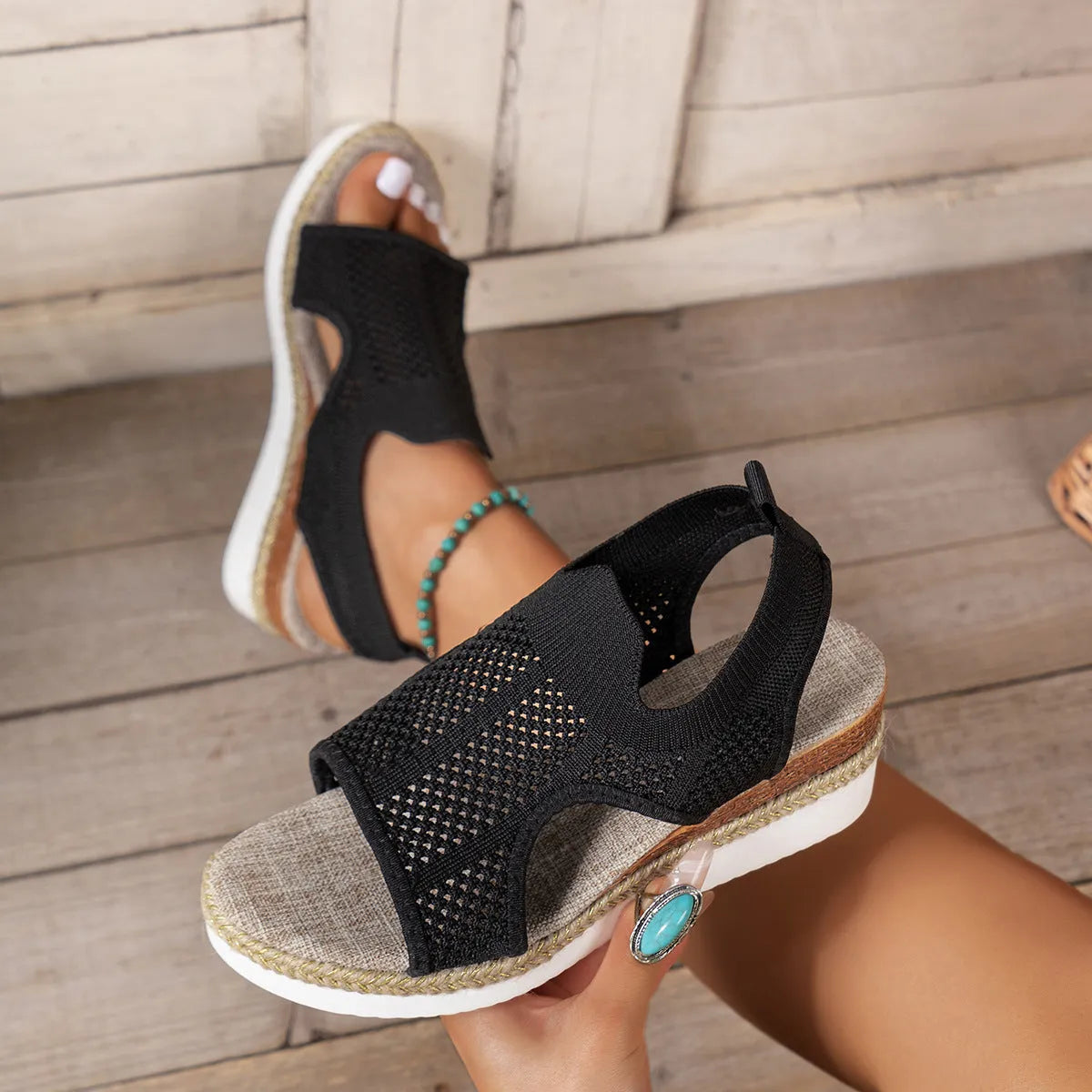 Women's hollow wedges sandals in beige with fly woven mesh upper and peep-toe design