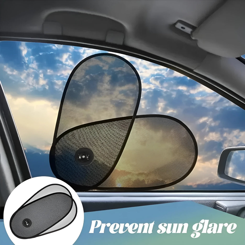 Black breathable car side window sunshade stretched over glass with suction cups.