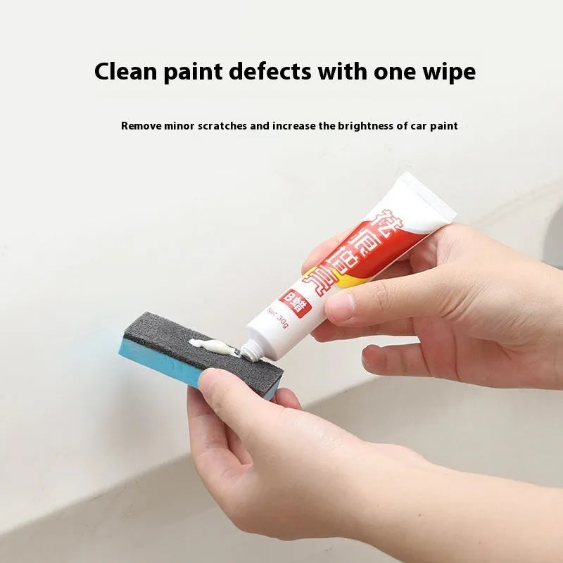 Car repair wax kit showing scratch removal A wax, brightening B wax, and a frosted sponge mop