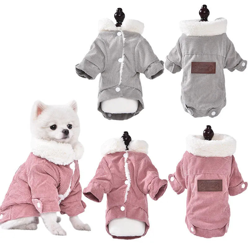 A grey lambswool vest for dogs with fleece lining, shown on a mannequin.