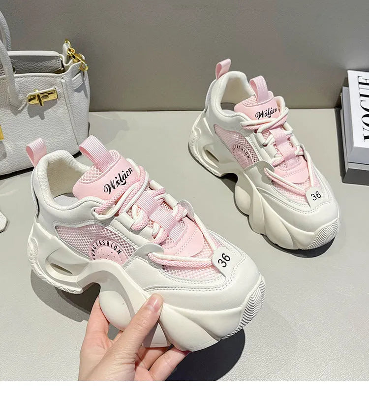 Women's pink casual sneakers with thick sole and cross shoulder strap design